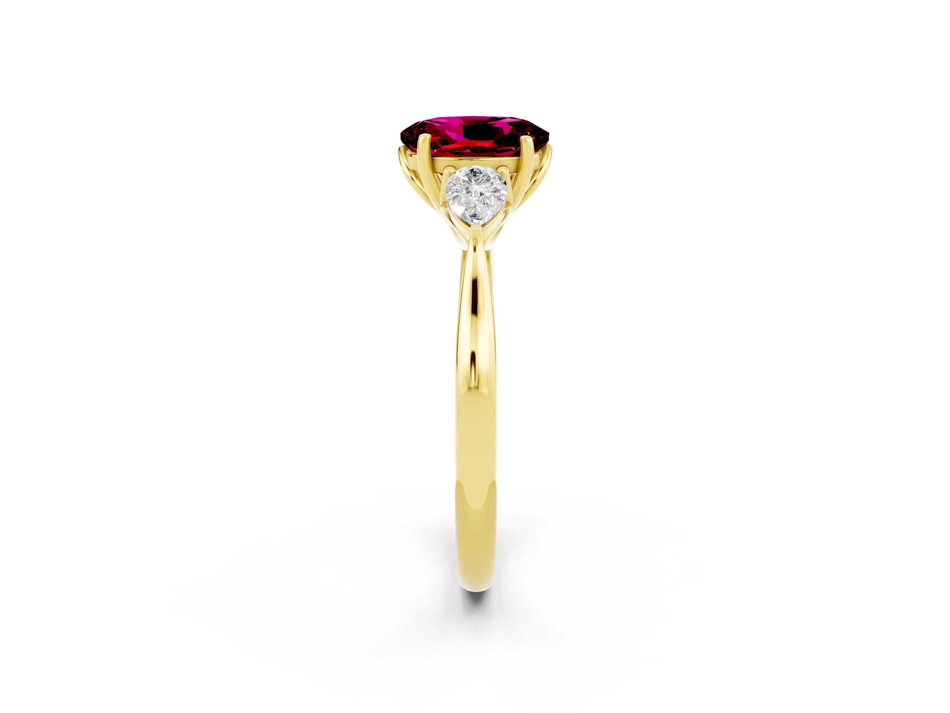 Yellow gold Oval Cut Garnet Three-Stone Ring with Pear Side Stones and Four-Prong Setting_37