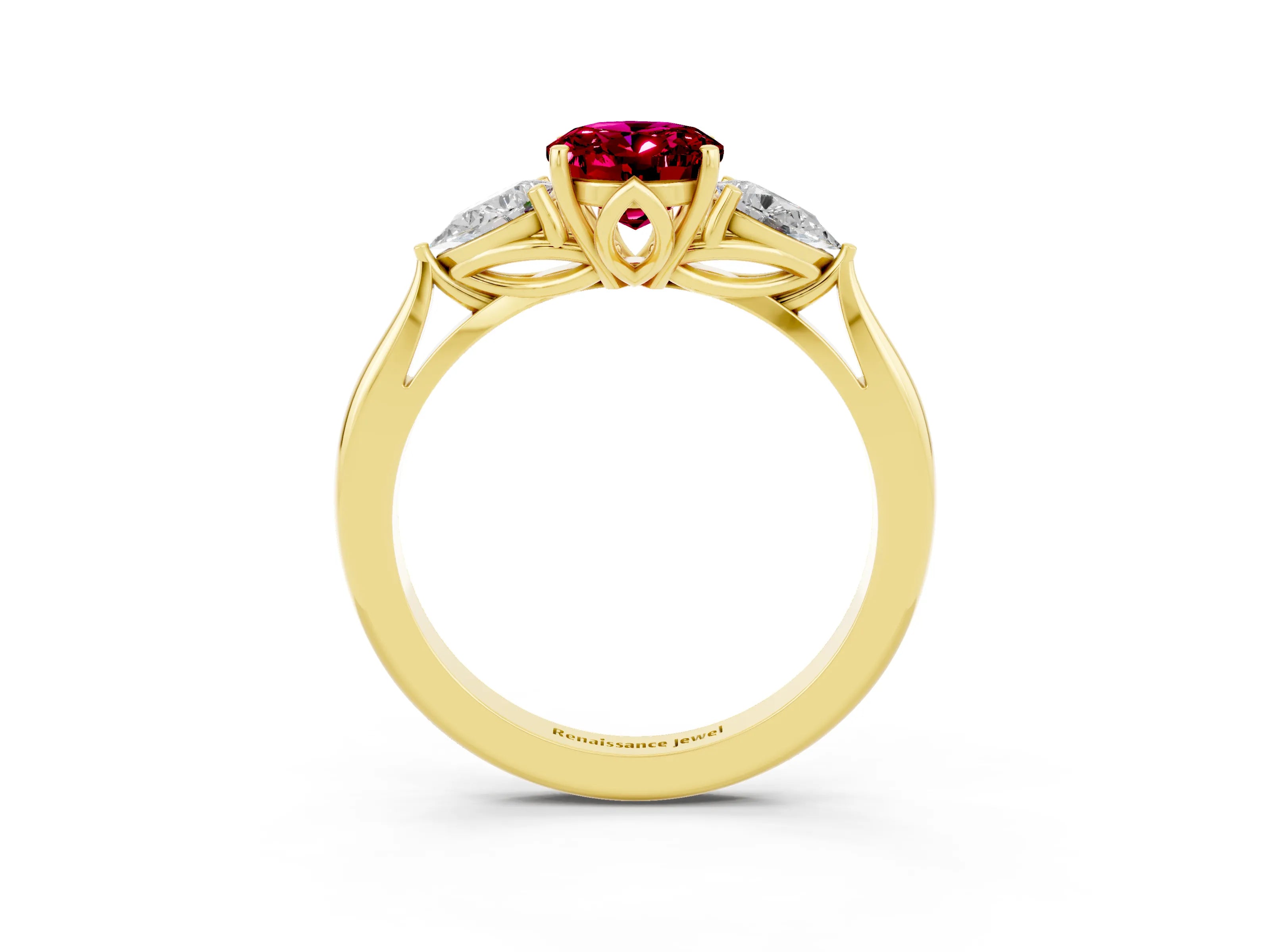 Yellow gold Oval Cut Garnet Three-Stone Ring with Pear Side Stones and Four-Prong Setting_38