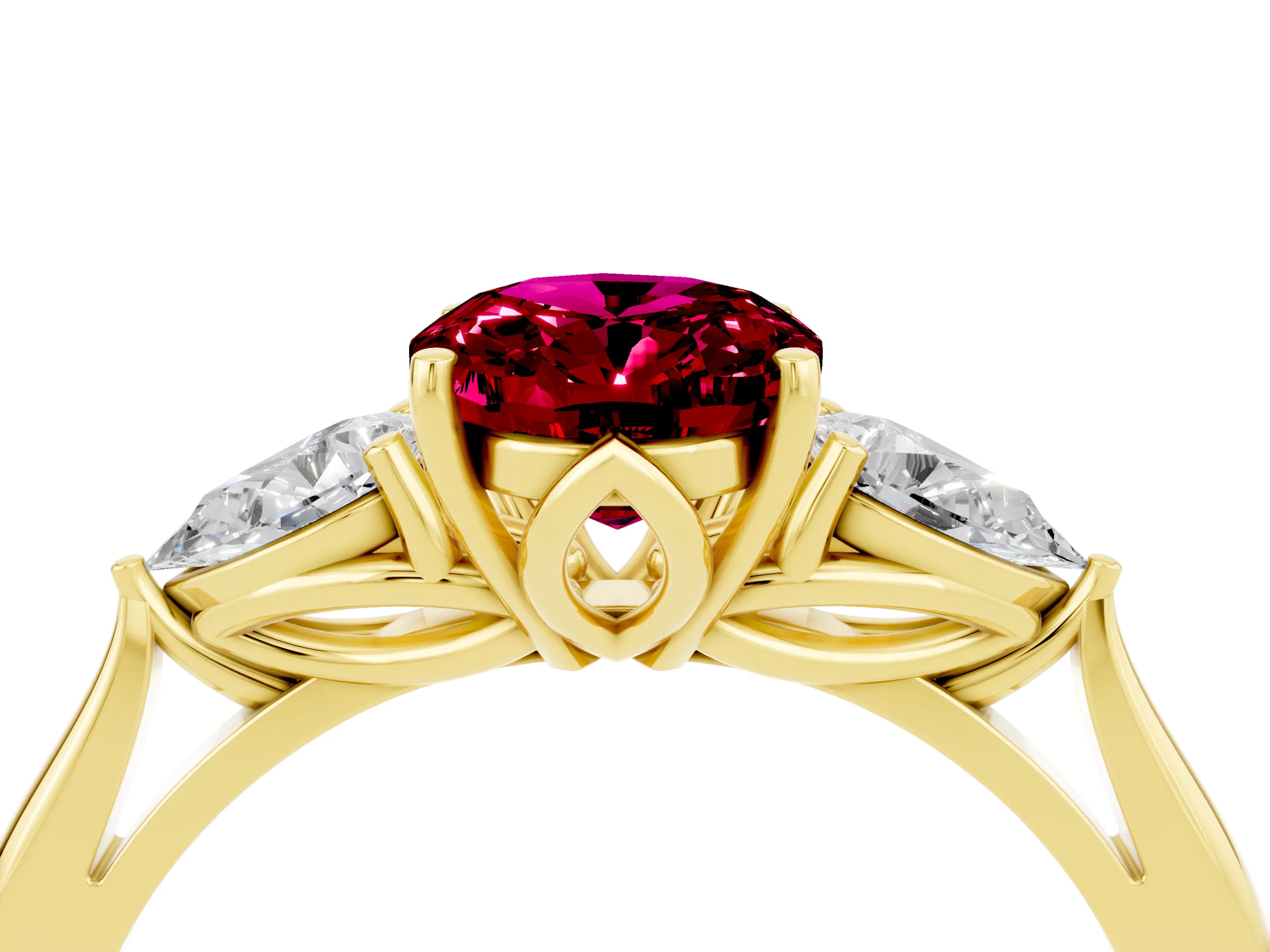 Yellow gold Oval Cut Garnet Three-Stone Ring with Pear Side Stones and Four-Prong Setting_39