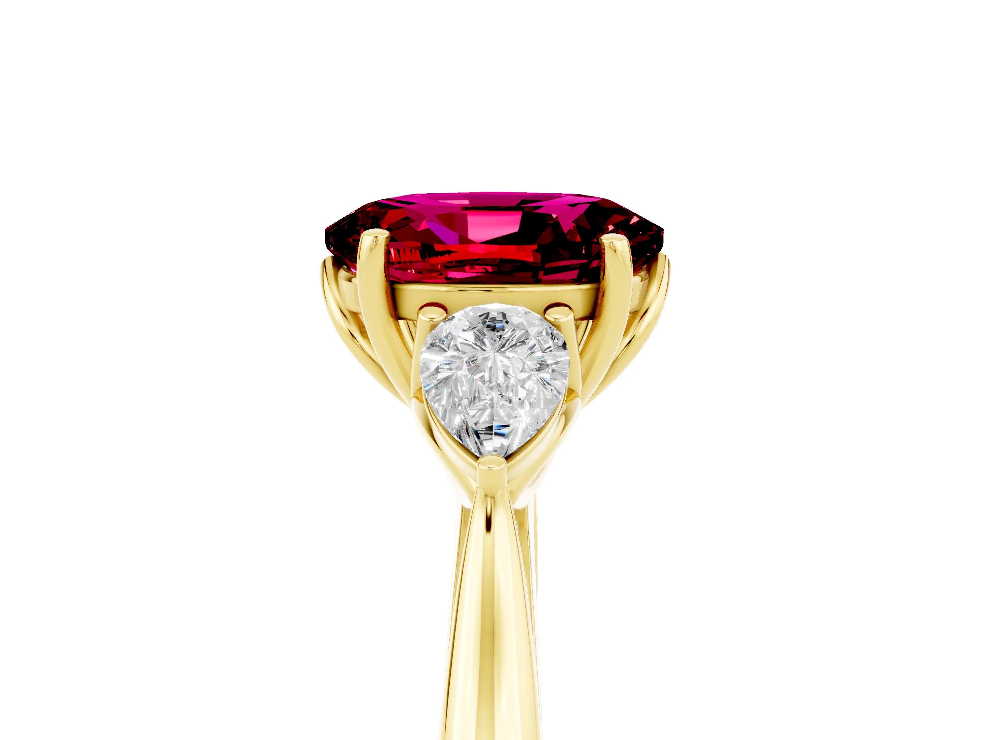 Yellow gold Oval Cut Garnet Three-Stone Ring with Pear Side Stones and Four-Prong Setting_40