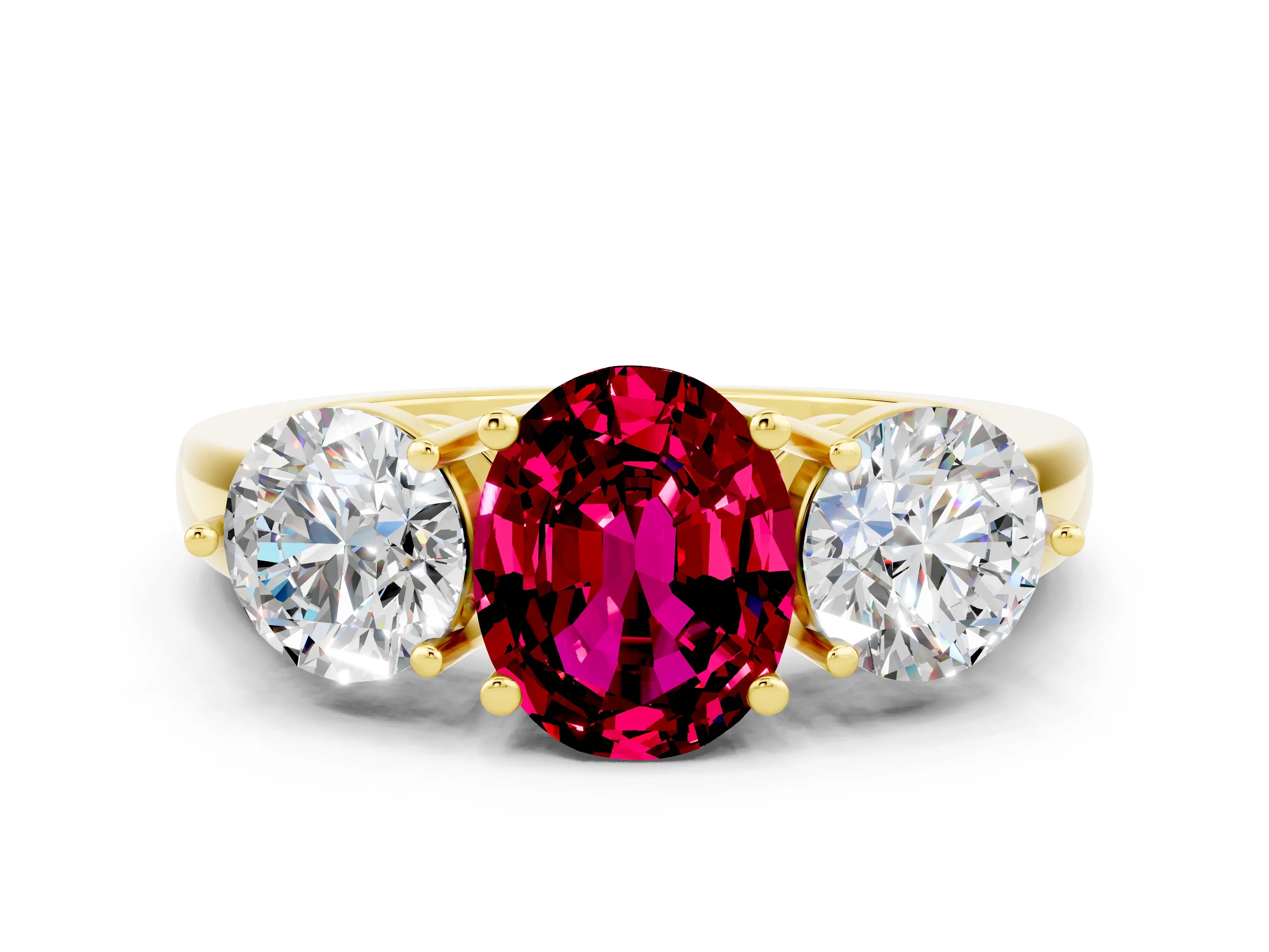 Yellow gold Oval Cut Garnet Three-Stone Ring with Prong Setting and Classic Band