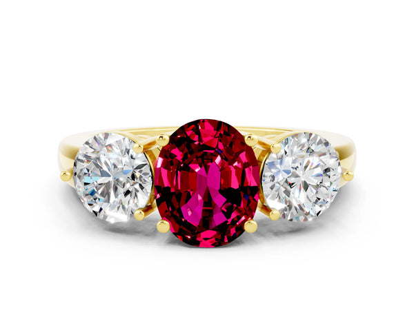 Yellow gold Oval Cut Garnet Three-Stone Ring with Prong Setting and Classic Band