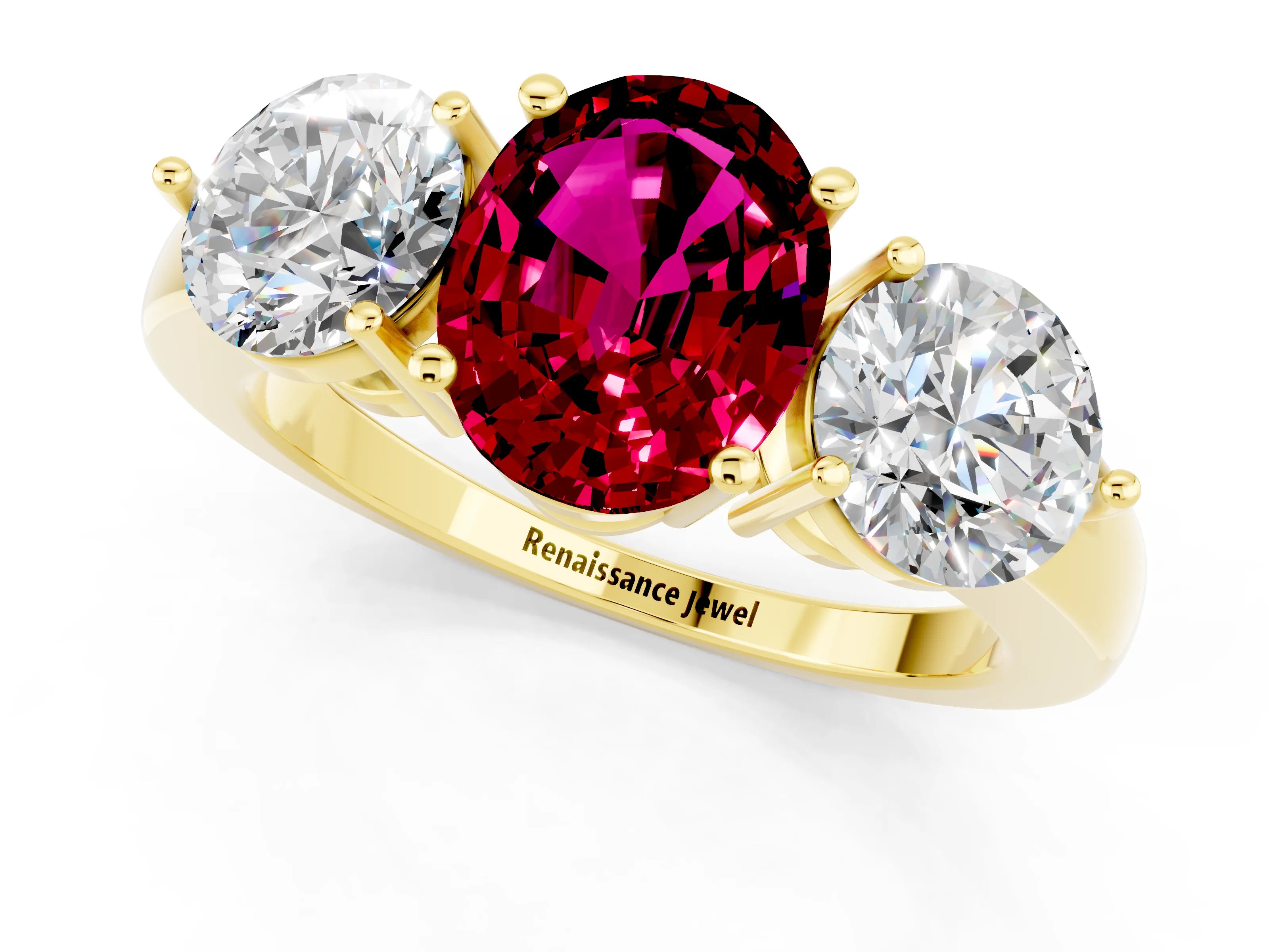 Yellow gold Oval Cut Garnet Three-Stone Ring with Prong Setting and Classic Band_1