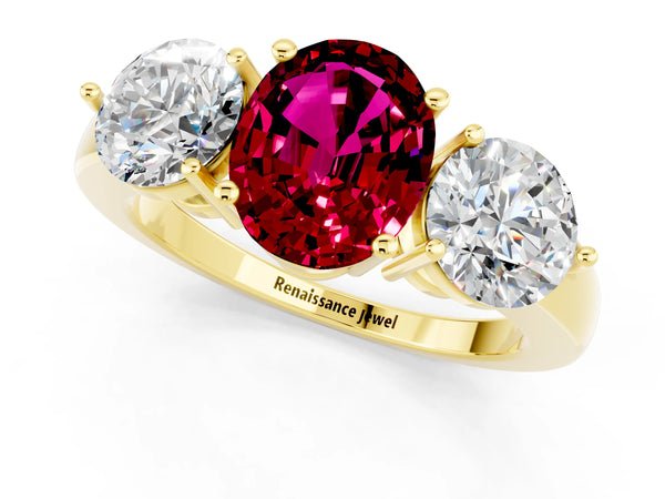 Yellow gold Oval Cut Garnet Three-Stone Ring with Prong Setting and Classic Band