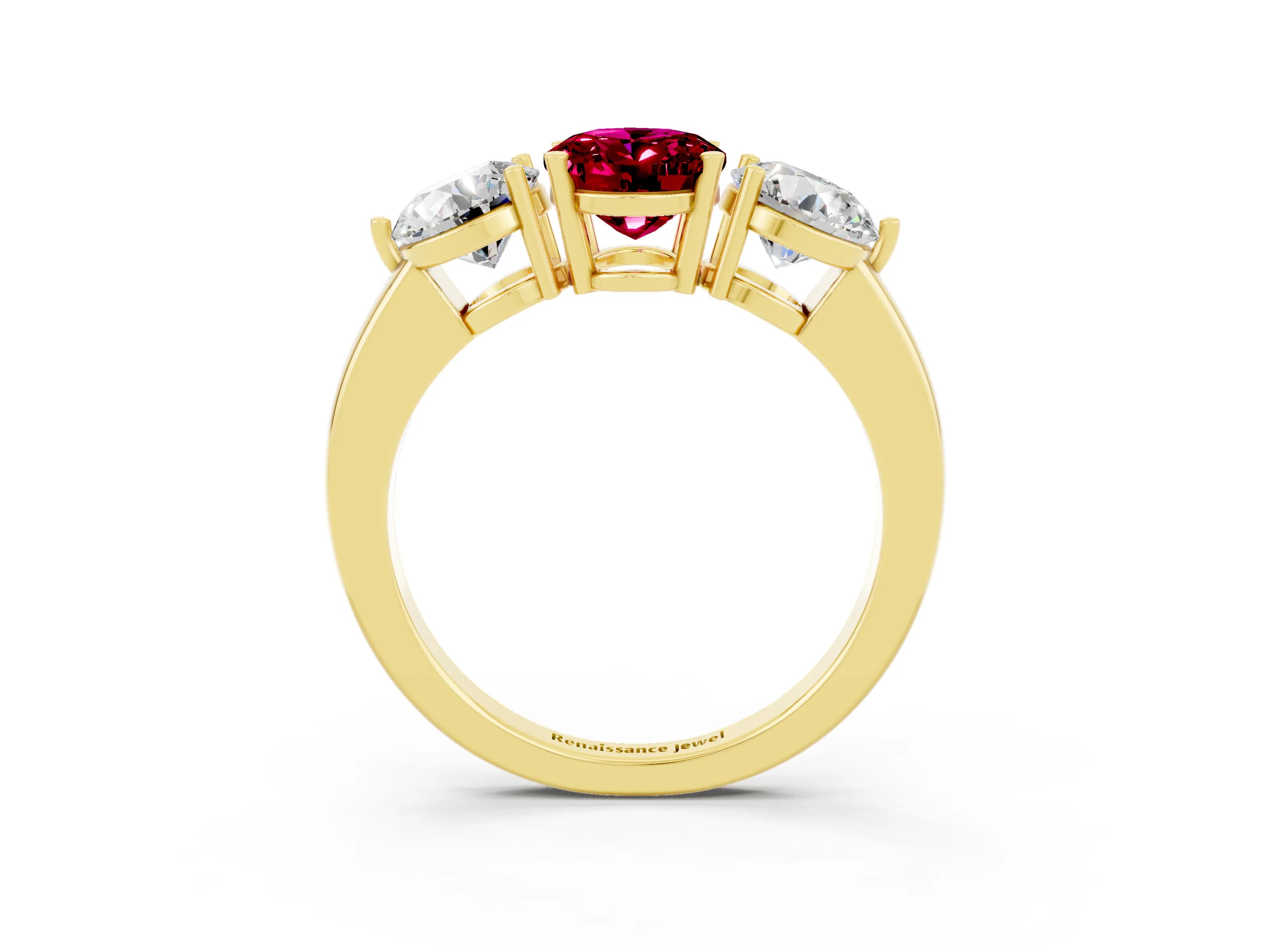 Yellow gold Oval Cut Garnet Three-Stone Ring with Prong Setting and Classic Band_3
