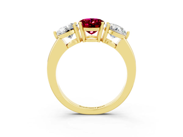 Yellow gold Oval Cut Garnet Three-Stone Ring with Prong Setting and Classic Band