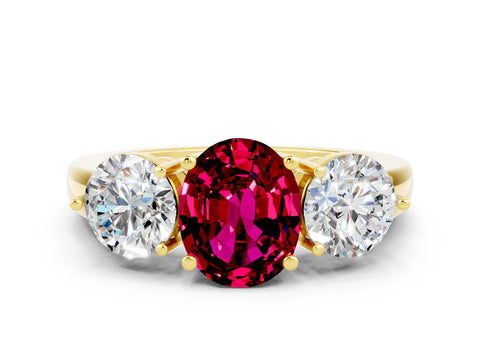 Yellow gold Oval Cut Garnet Three-Stone Ring with Prong Setting and Classic Band