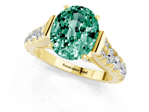 Yellow gold Oval Cut Green Sapphire Classic Solitaire Ring with Pavé Band and Four-Prong Setting_1