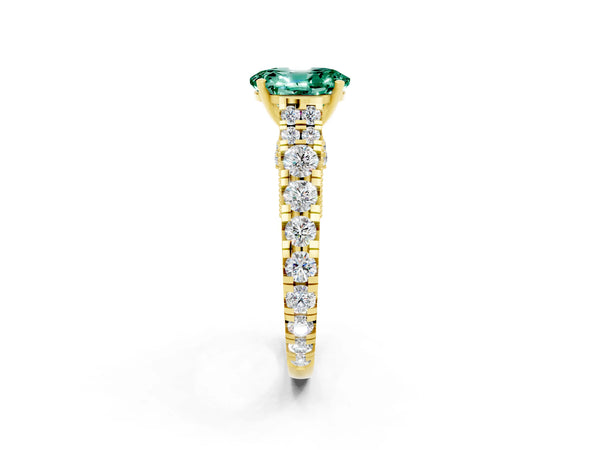 Yellow gold Oval Cut Green Sapphire Classic Solitaire Ring with Pavé Band and Four-Prong Setting