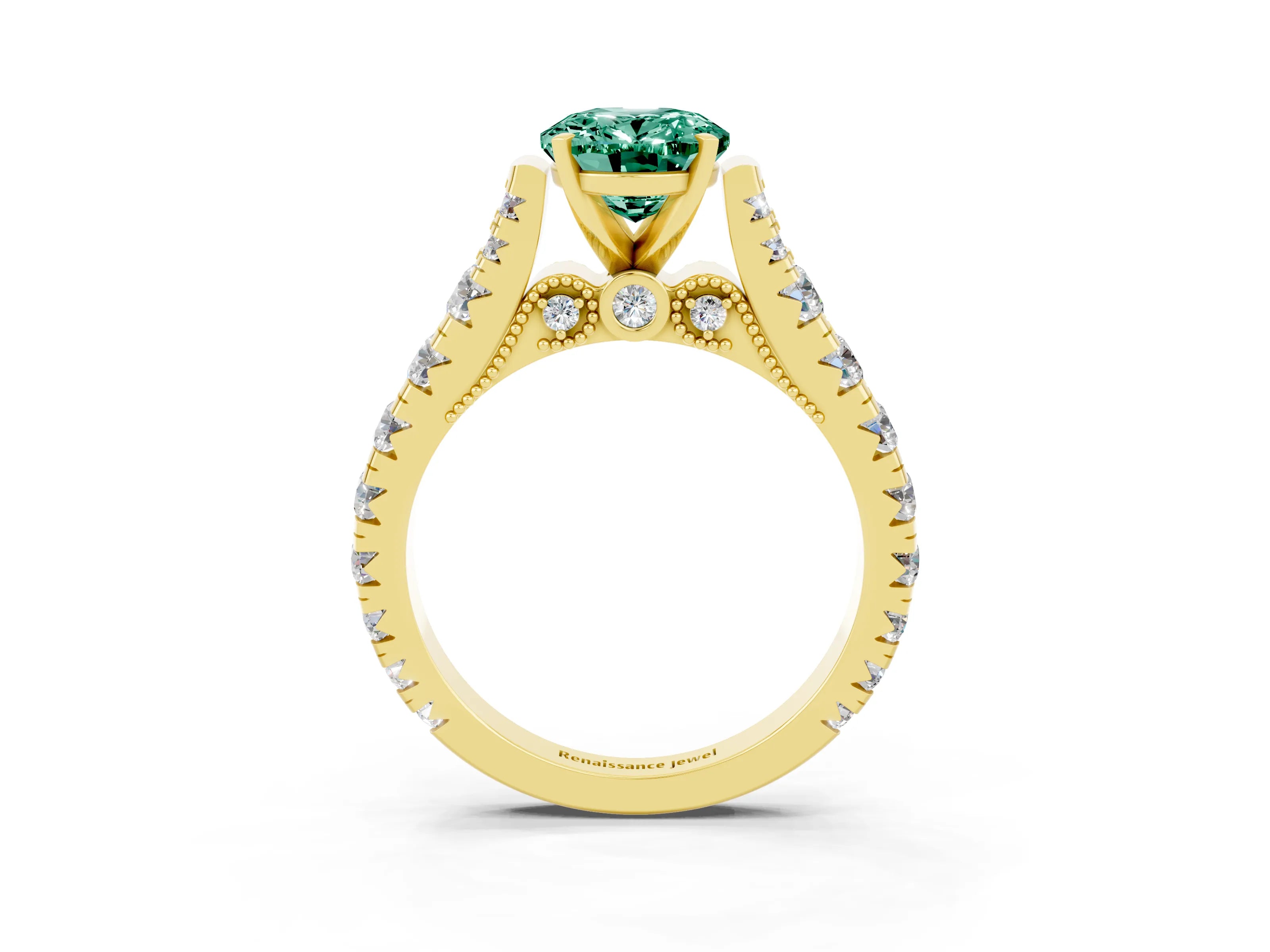 Yellow gold Oval Cut Green Sapphire Classic Solitaire Ring with Pavé Band and Four-Prong Setting_3