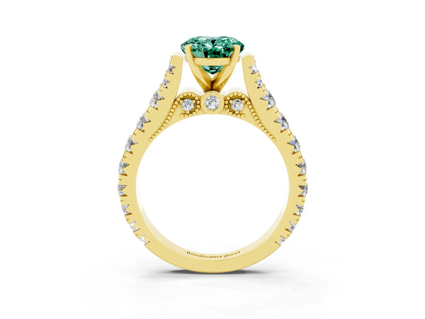 Yellow gold Oval Cut Green Sapphire Classic Solitaire Ring with Pavé Band and Four-Prong Setting