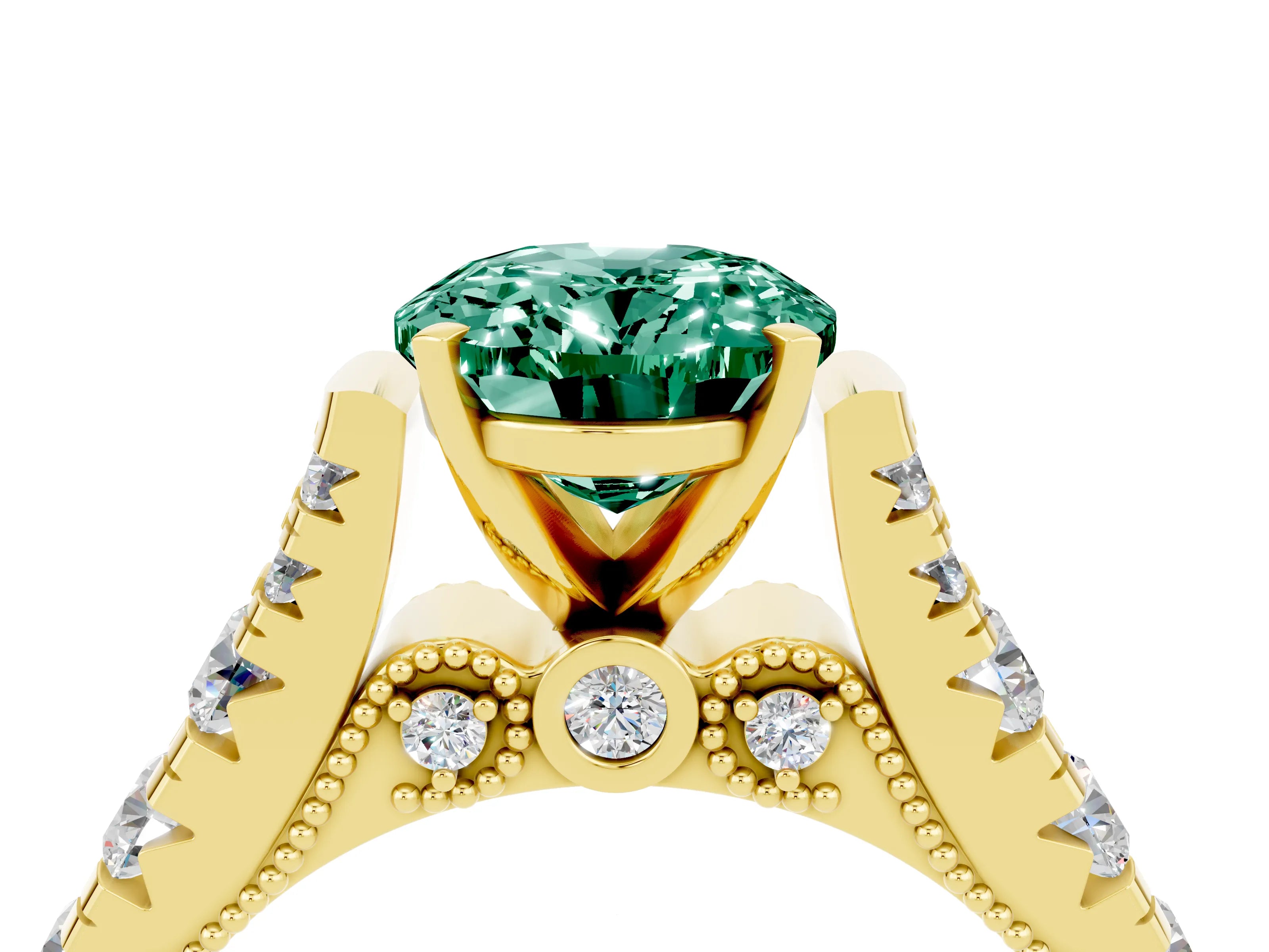 Yellow gold Oval Cut Green Sapphire Classic Solitaire Ring with Pavé Band and Four-Prong Setting_4