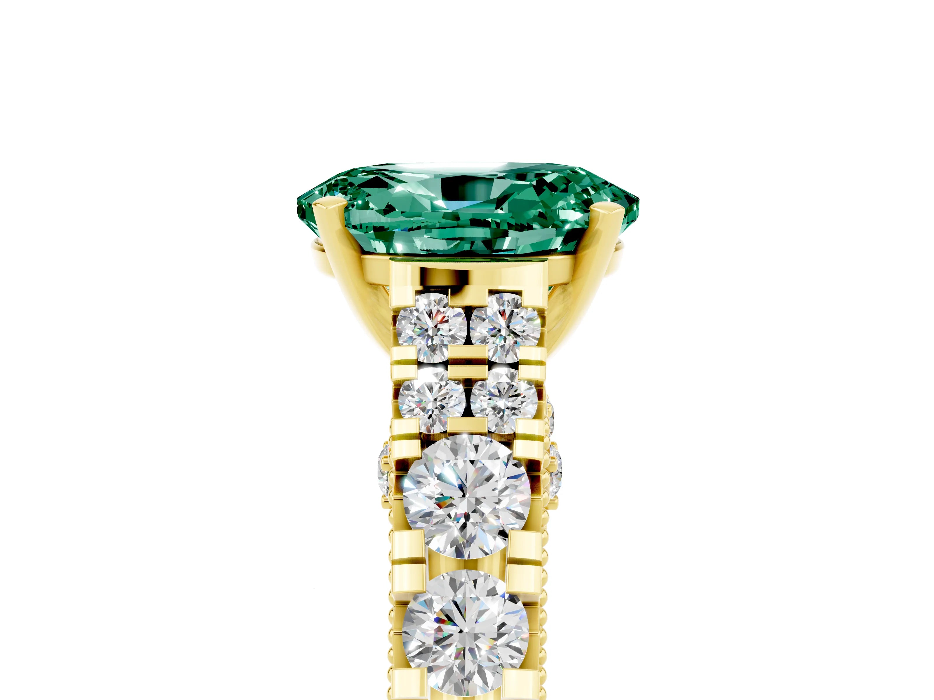 Yellow gold Oval Cut Green Sapphire Classic Solitaire Ring with Pavé Band and Four-Prong Setting_5