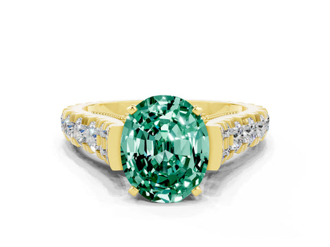 Yellow gold Oval Cut Green Sapphire Classic Solitaire Ring with Pavé Band and Four-Prong Setting