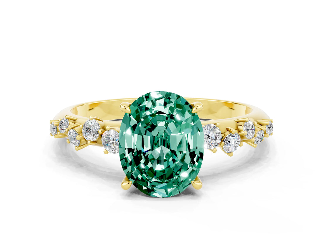 Yellow gold Oval Cut Green Sapphire Cluster Side Stone Solitaire Ring with Prong Setting_24