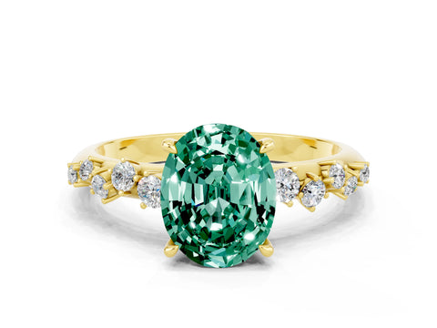 Yellow gold Oval Cut Green Sapphire Cluster Side Stone Solitaire Ring with Prong Setting_24