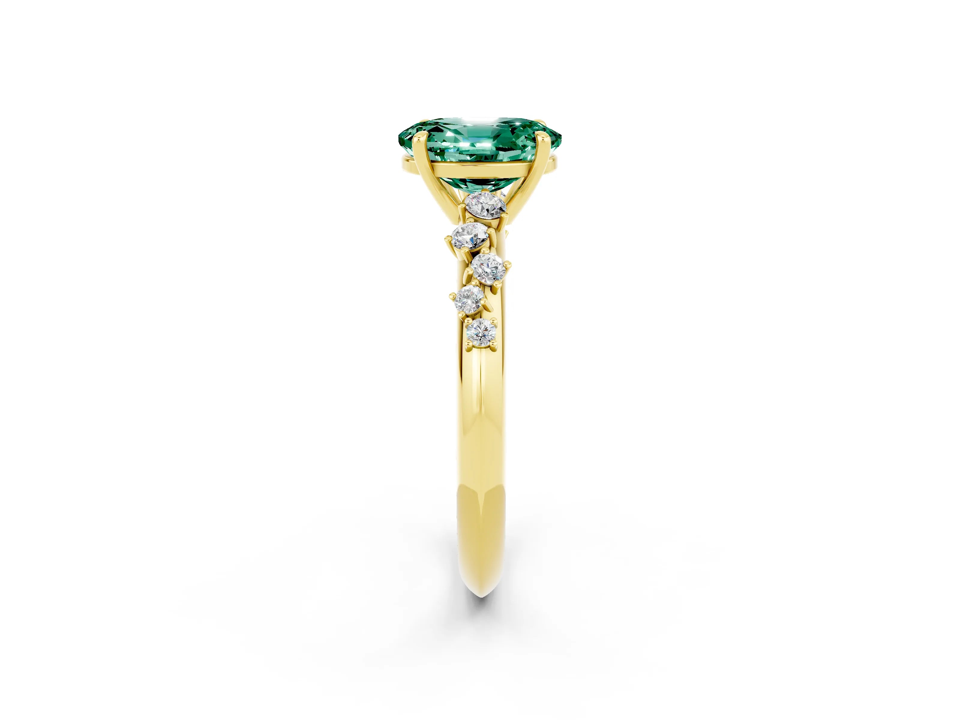 Yellow gold Oval Cut Green Sapphire Cluster Side Stone Solitaire Ring with Prong Setting_26