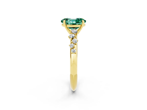 Yellow gold Oval Cut Green Sapphire Cluster Side Stone Solitaire Ring with Prong Setting