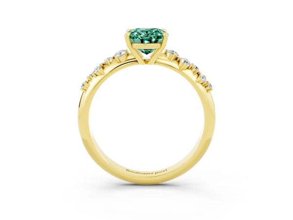 Yellow gold Oval Cut Green Sapphire Cluster Side Stone Solitaire Ring with Prong Setting