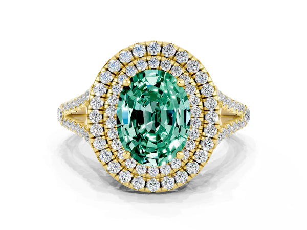 Yellow gold Oval Cut Green Sapphire Double Halo Ring with Pavé Band and Prong Setting