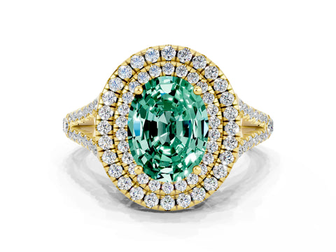 Yellow gold Oval Cut Green Sapphire Double Halo Ring with Pavé Band and Prong Setting_12