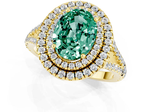 Yellow gold Oval Cut Green Sapphire Double Halo Ring with Pavé Band and Prong Setting_13