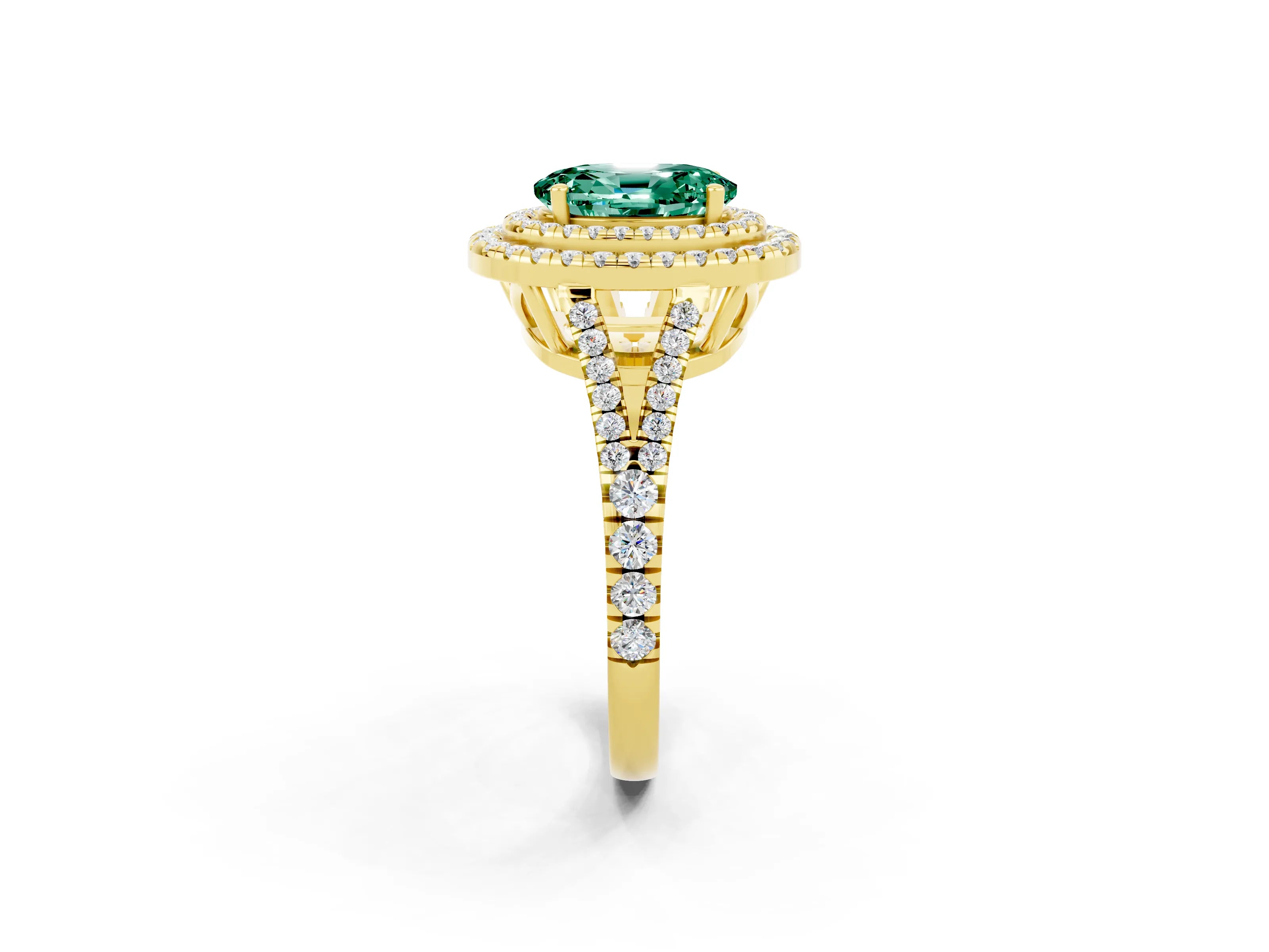 Yellow gold Oval Cut Green Sapphire Double Halo Ring with Pavé Band and Prong Setting_14