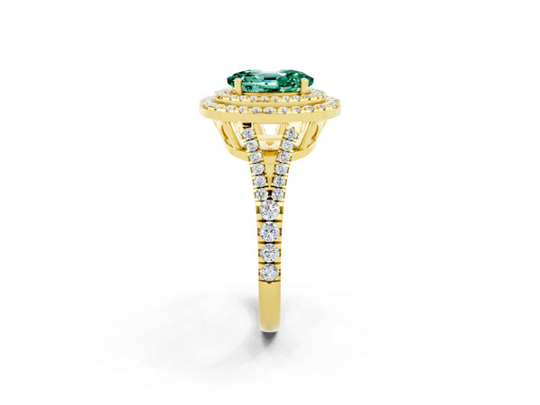 Yellow gold Oval Cut Green Sapphire Double Halo Ring with Pavé Band and Prong Setting