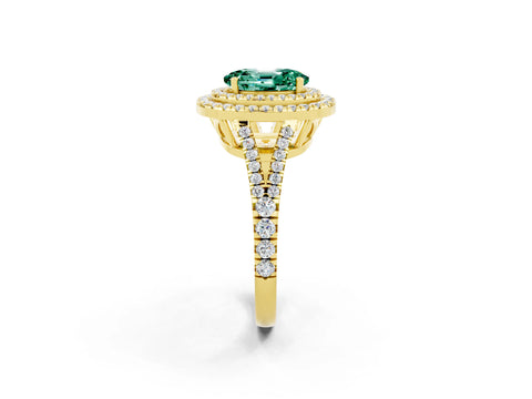 Yellow gold Oval Cut Green Sapphire Double Halo Ring with Pavé Band and Prong Setting_14