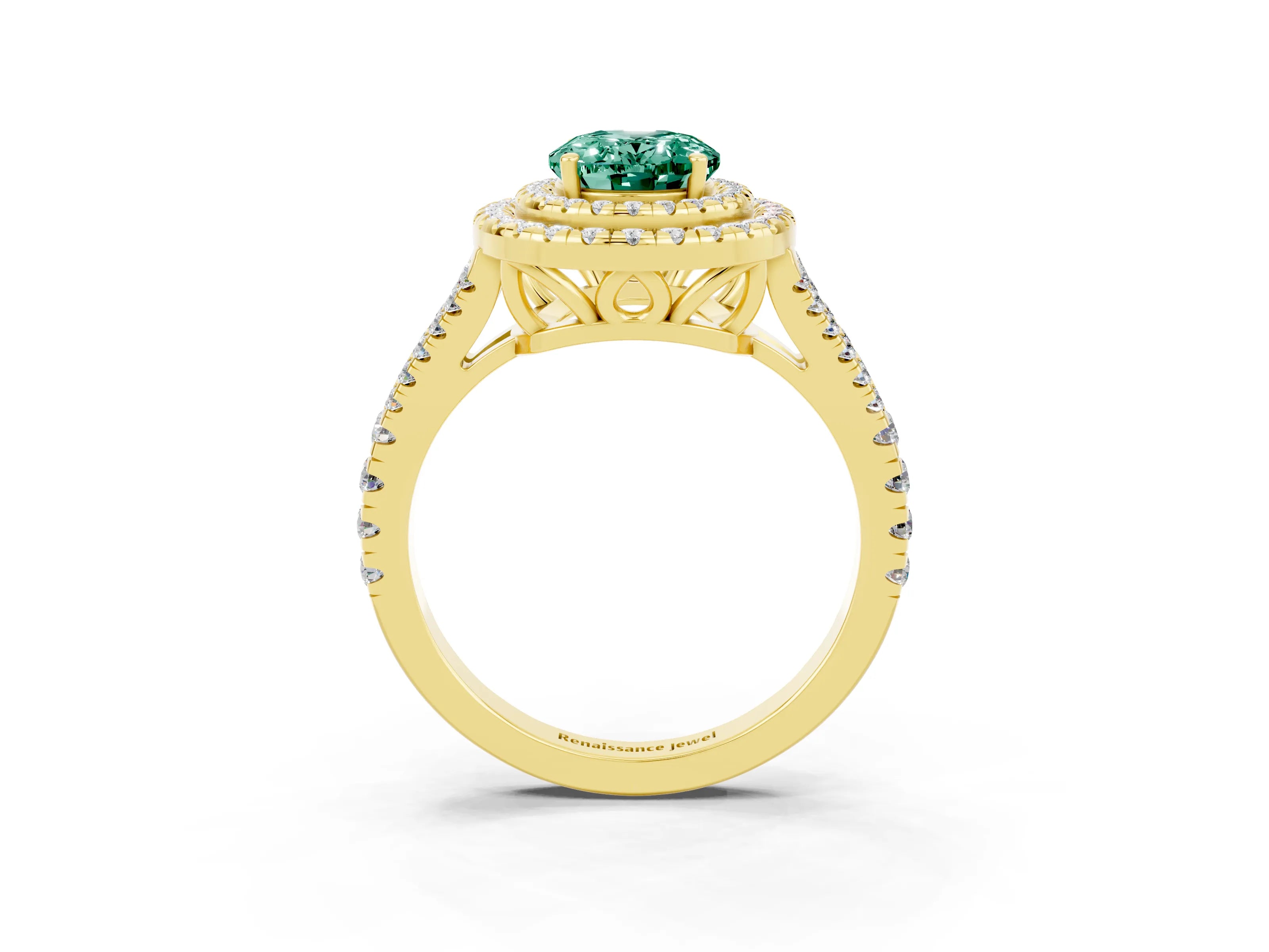 Yellow gold Oval Cut Green Sapphire Double Halo Ring with Pavé Band and Prong Setting_15