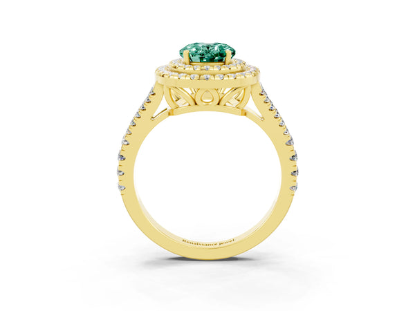 Yellow gold Oval Cut Green Sapphire Double Halo Ring with Pavé Band and Prong Setting