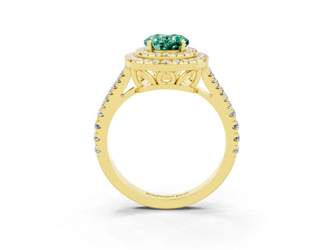 Yellow gold Oval Cut Green Sapphire Double Halo Ring with Pavé Band and Prong Setting_15