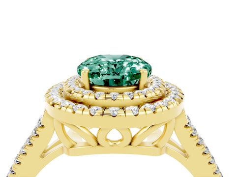 Yellow gold Oval Cut Green Sapphire Double Halo Ring with Pavé Band and Prong Setting_16