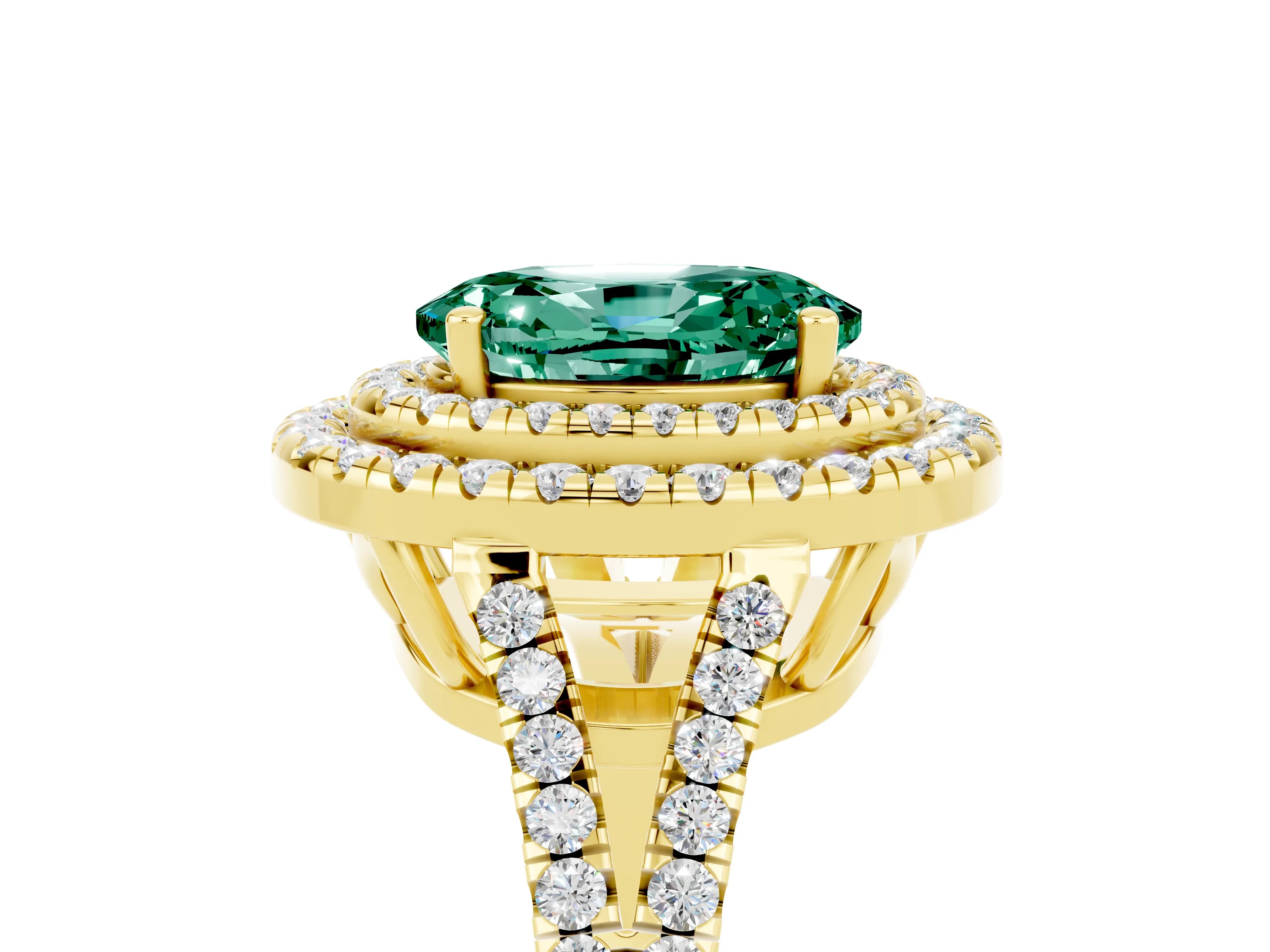 Yellow gold Oval Cut Green Sapphire Double Halo Ring with Pavé Band and Prong Setting_17