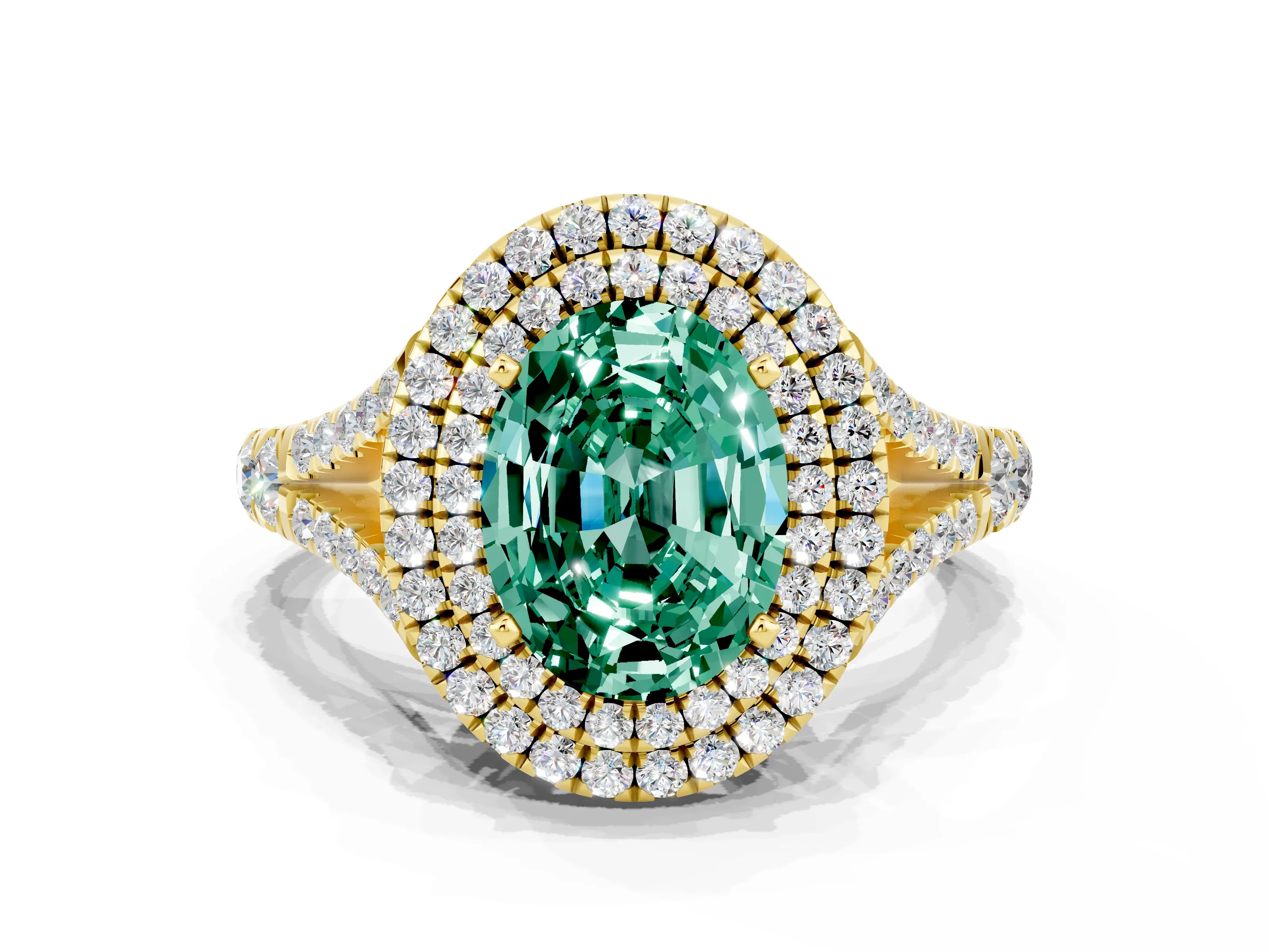 Yellow gold Oval Cut Green Sapphire Double Halo Ring with Split Shank and Prong Setting_12