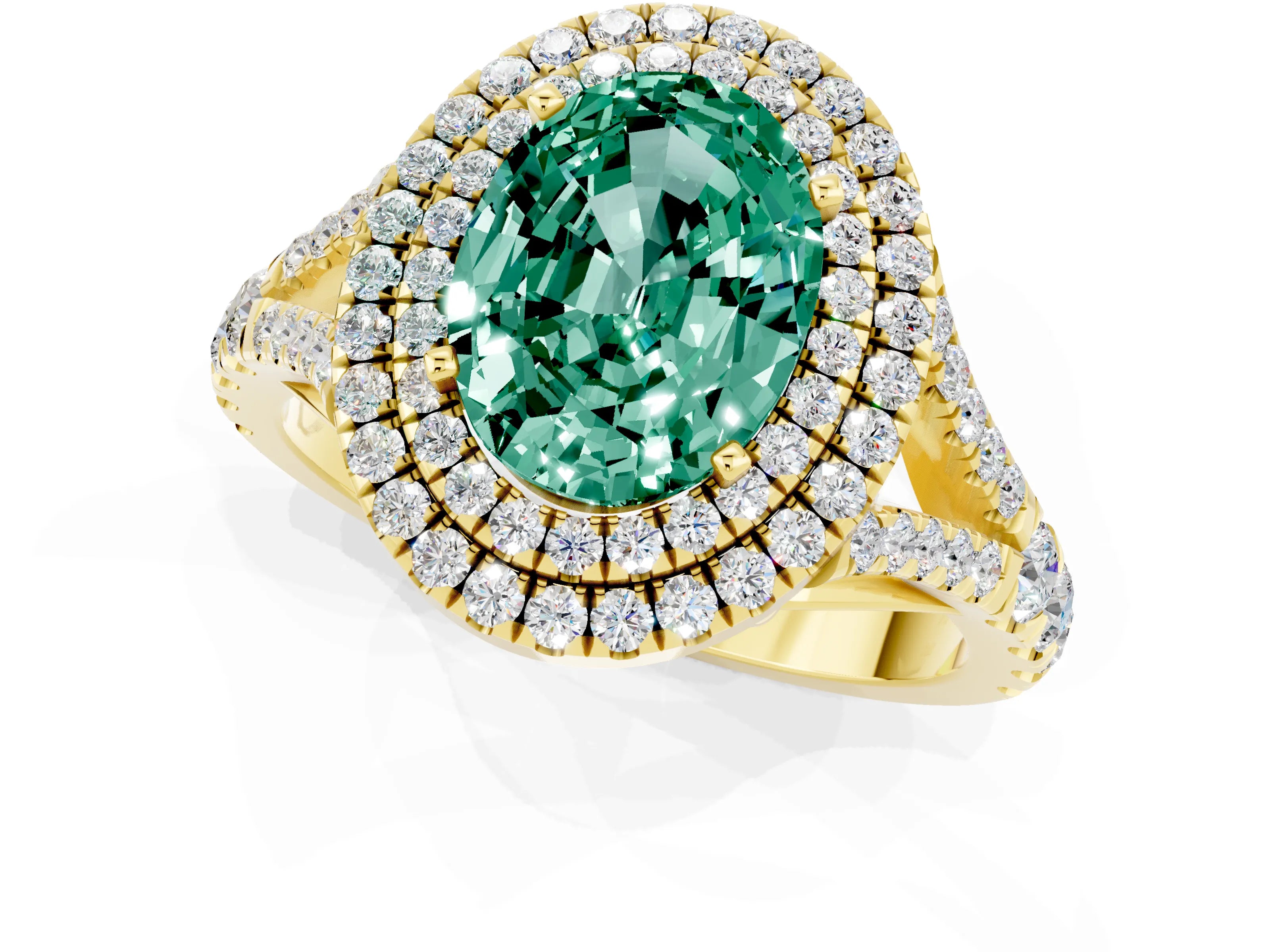 Yellow gold Oval Cut Green Sapphire Double Halo Ring with Split Shank and Prong Setting_13