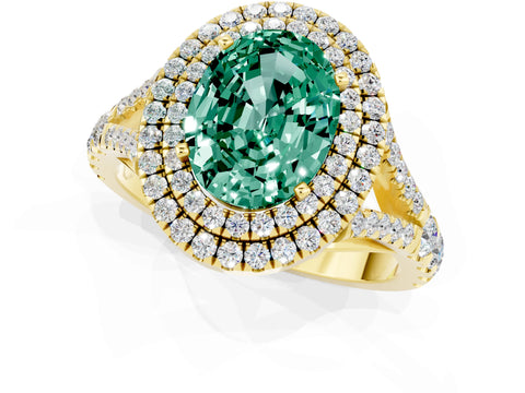 Yellow gold Oval Cut Green Sapphire Double Halo Ring with Split Shank and Prong Setting_13