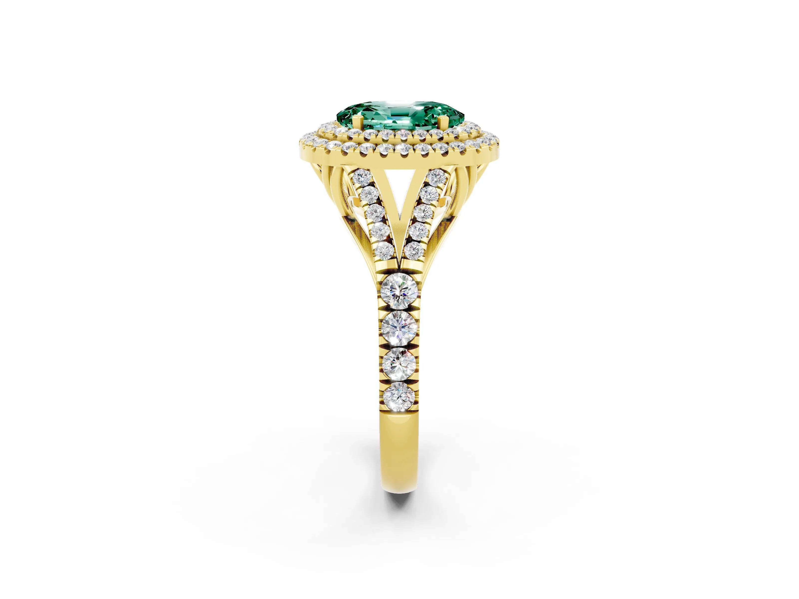 Yellow gold Oval Cut Green Sapphire Double Halo Ring with Split Shank and Prong Setting_14