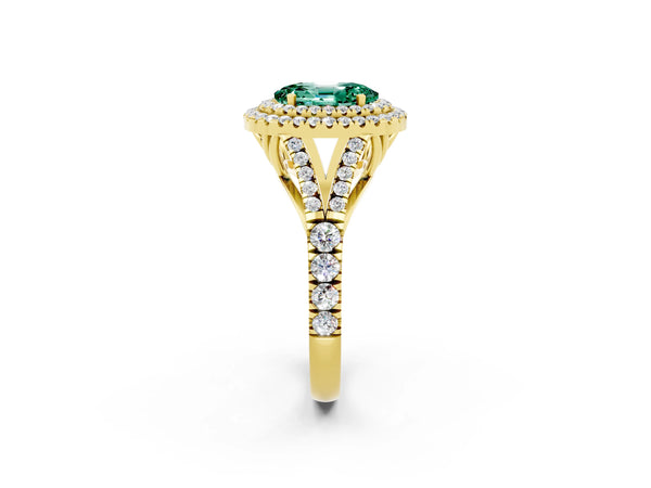 Yellow gold Oval Cut Green Sapphire Double Halo Ring with Split Shank and Prong Setting