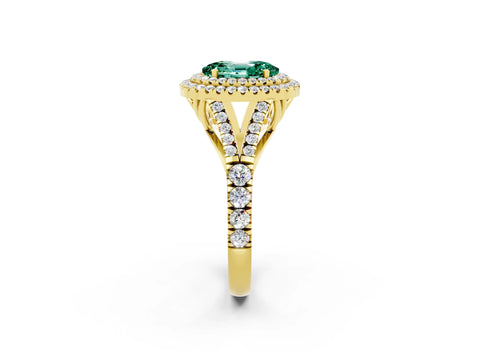 Yellow gold Oval Cut Green Sapphire Double Halo Ring with Split Shank and Prong Setting_14