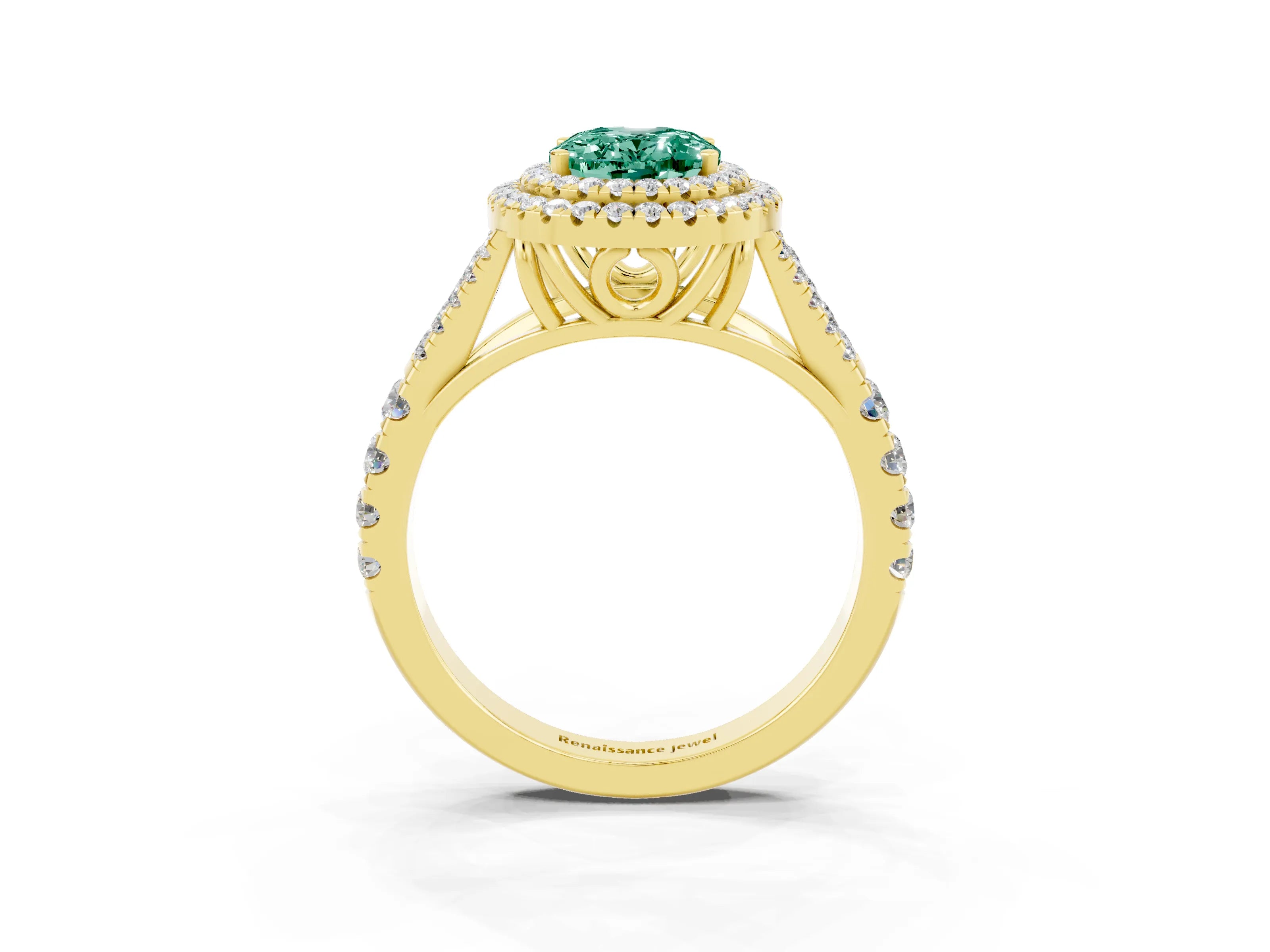 Yellow gold Oval Cut Green Sapphire Double Halo Ring with Split Shank and Prong Setting_15