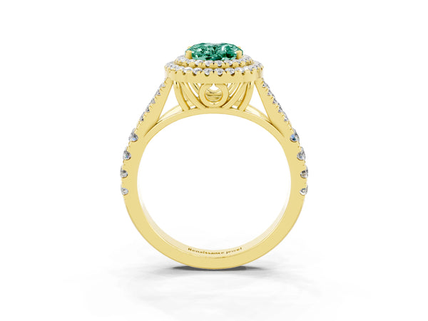 Yellow gold Oval Cut Green Sapphire Double Halo Ring with Split Shank and Prong Setting