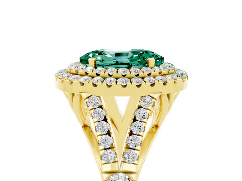 Yellow gold Oval Cut Green Sapphire Double Halo Ring with Split Shank and Prong Setting_17
