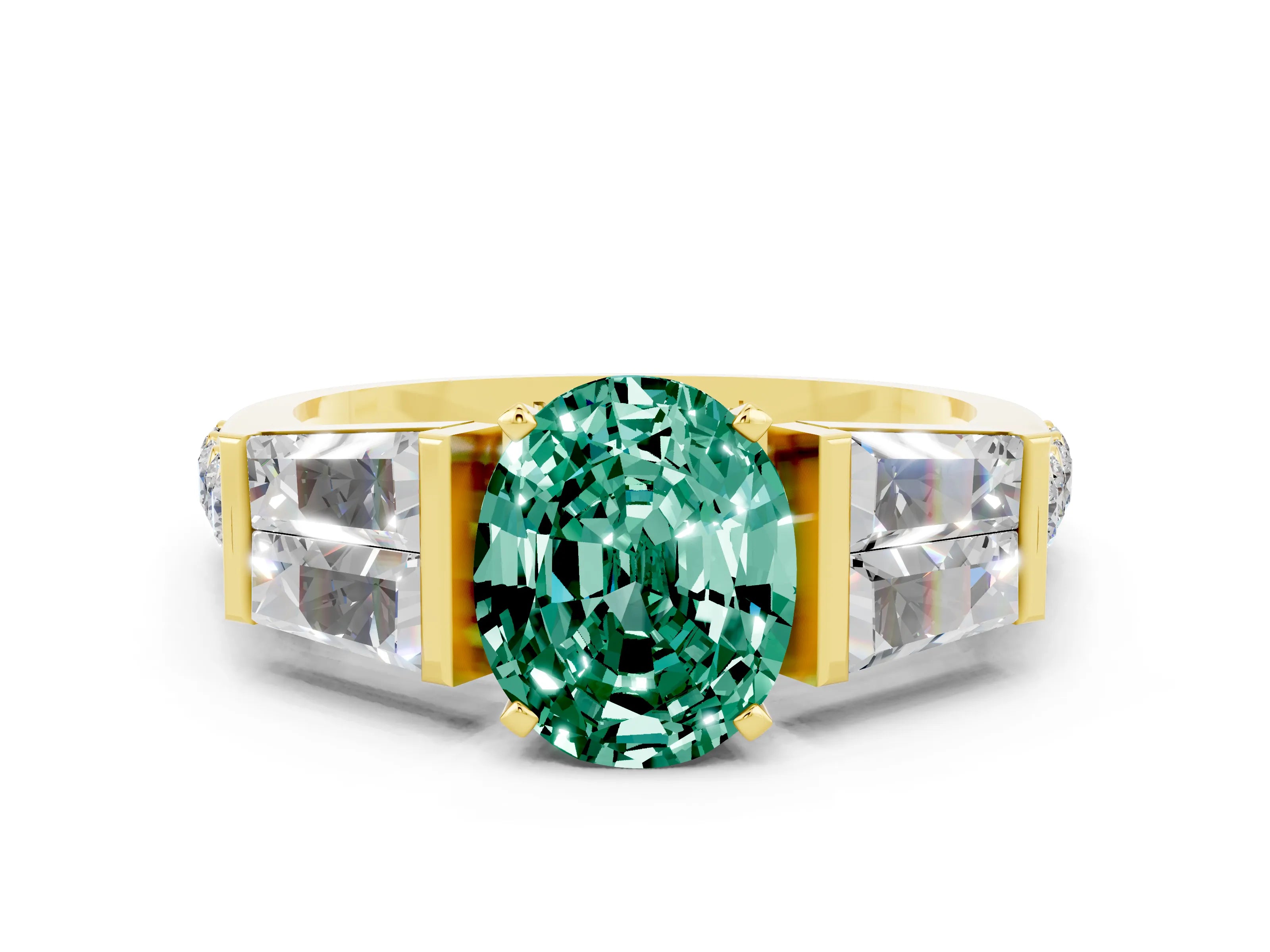 Yellow gold Oval Cut Green Sapphire Engagement Ring with Baguette Side Stones and Channel Set Band