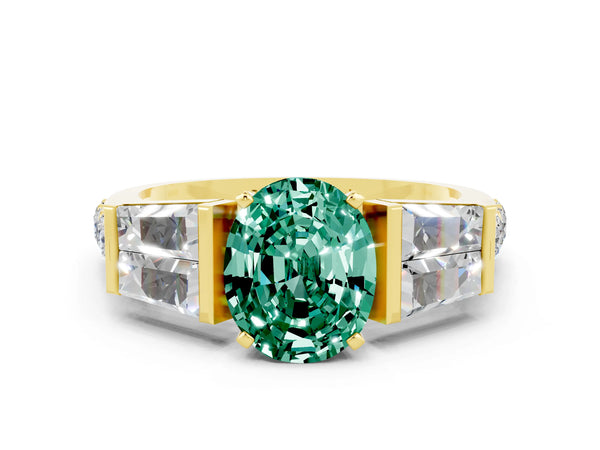Yellow gold Oval Cut Green Sapphire Engagement Ring with Baguette Side Stones and Channel Set Band