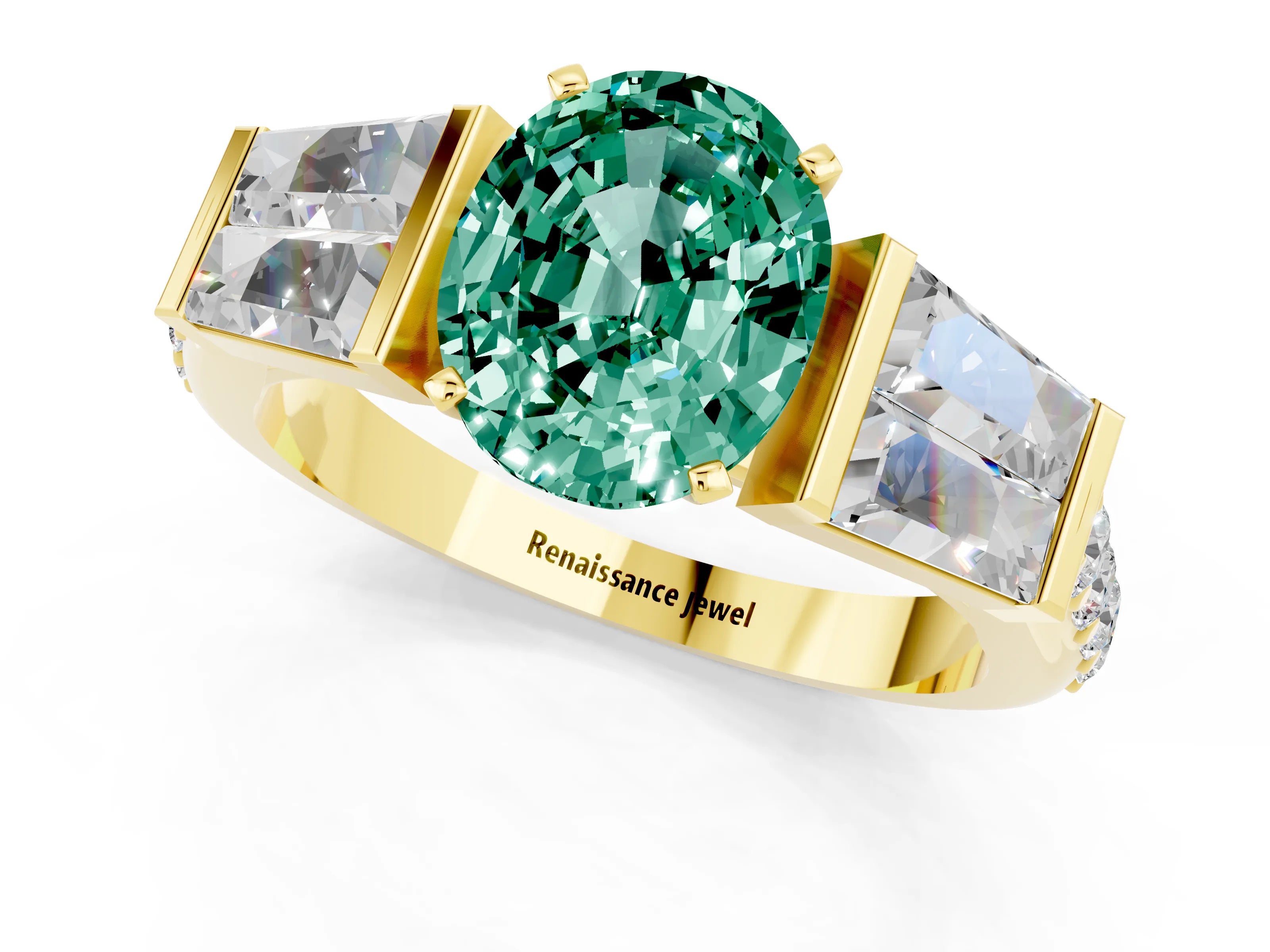 Yellow gold Oval Cut Green Sapphire Engagement Ring with Baguette Side Stones and Channel Set Band_1