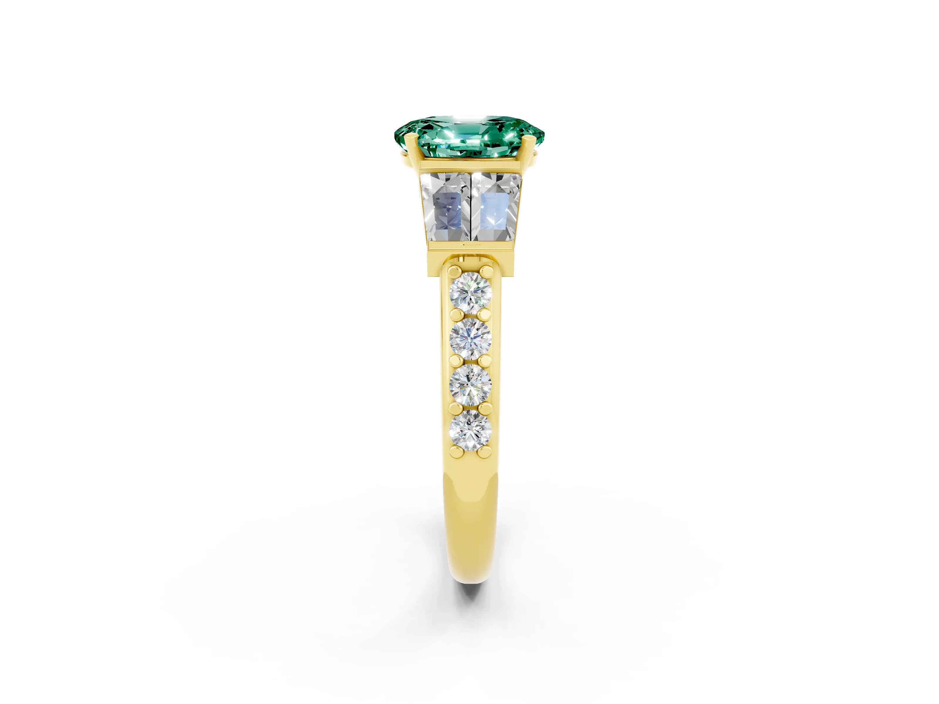 Yellow gold Oval Cut Green Sapphire Engagement Ring with Baguette Side Stones and Channel Set Band_2