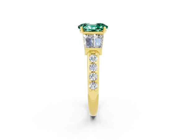 Yellow gold Oval Cut Green Sapphire Engagement Ring with Baguette Side Stones and Channel Set Band