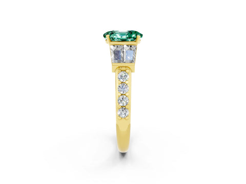 Yellow gold Oval Cut Green Sapphire Engagement Ring with Baguette Side Stones and Channel Set Band_2