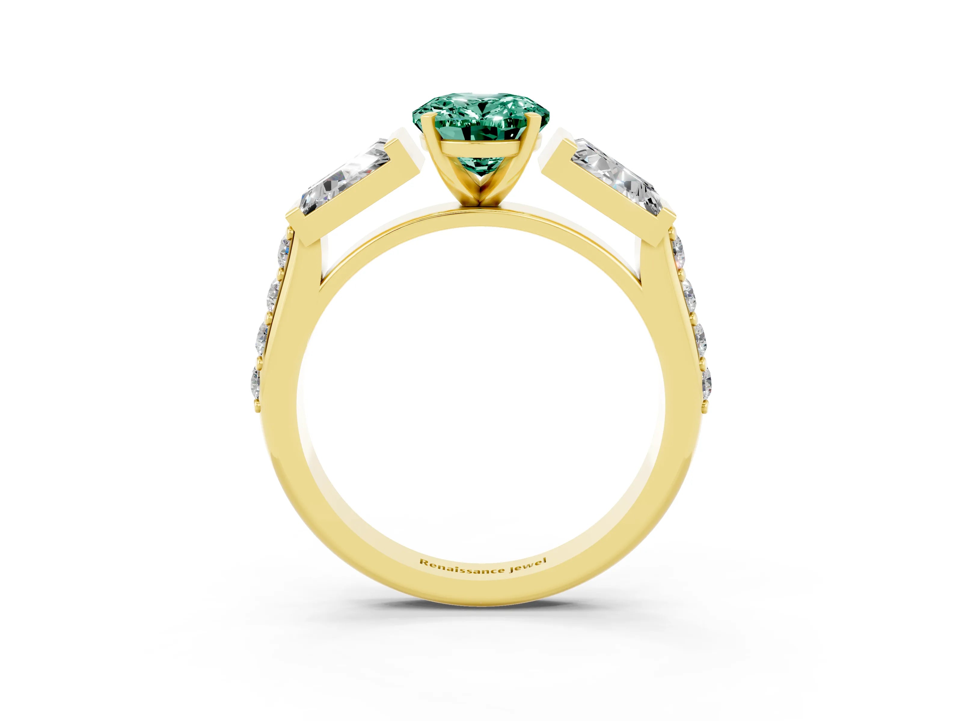 Yellow gold Oval Cut Green Sapphire Engagement Ring with Baguette Side Stones and Channel Set Band_3